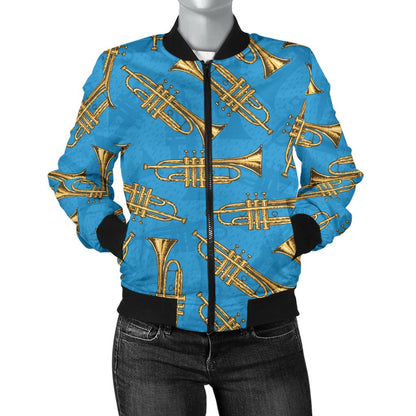 Trumpet Golden Pattern Themed Print Women Casual Bomber Jacket
