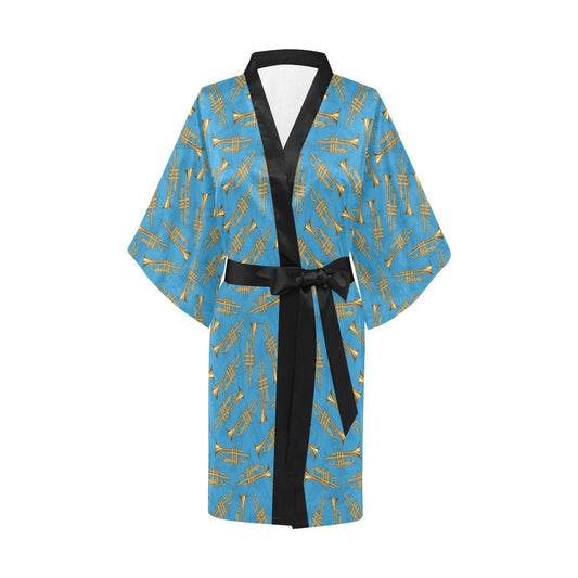 Trumpet Golden Pattern Themed Print Women Short Kimono Robe