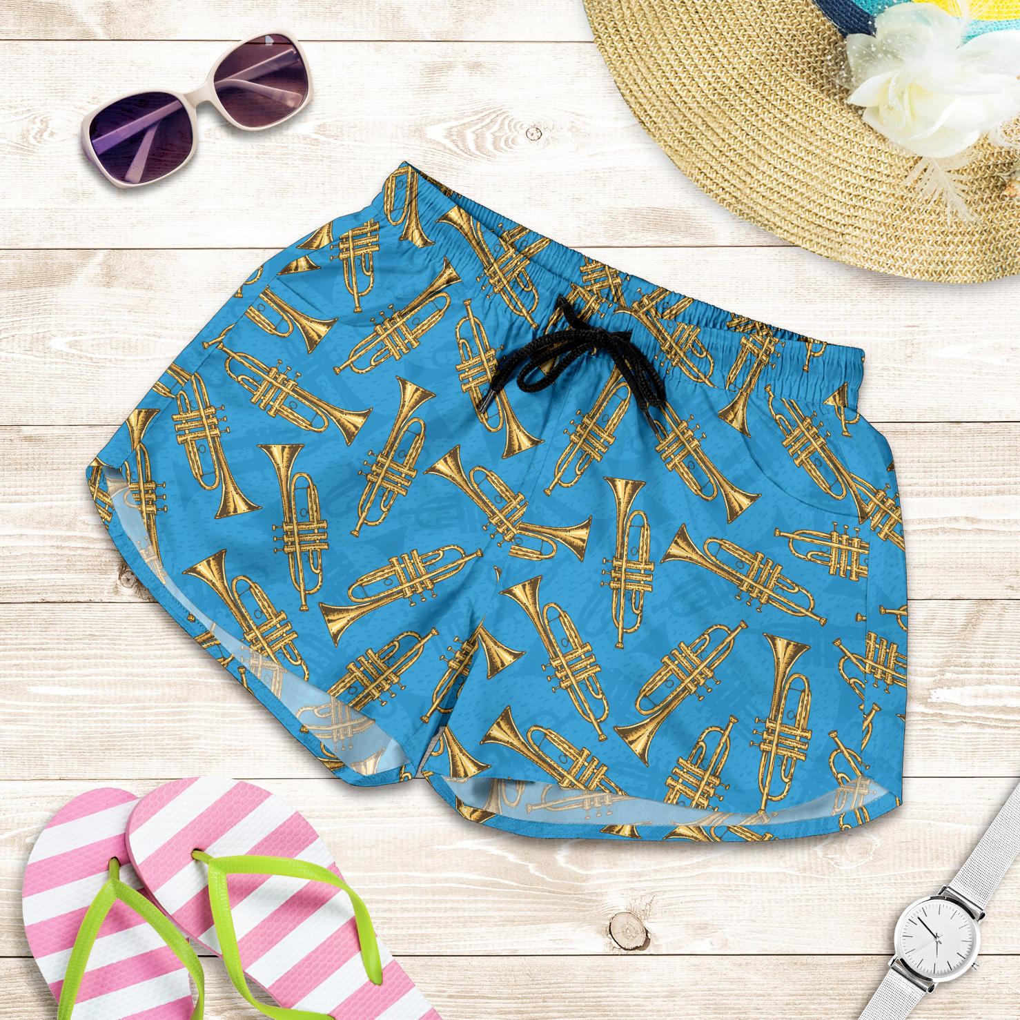 Trumpet Golden Pattern Themed Print Women Shorts-JTAMIGO.COM