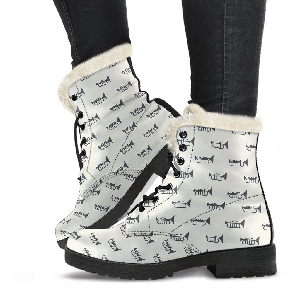 Trumpet Pattern Themed Print Faux Fur Leather Boots-JTAMIGO.COM