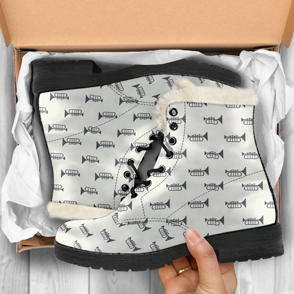 Trumpet Pattern Themed Print Faux Fur Leather Boots-JTAMIGO.COM