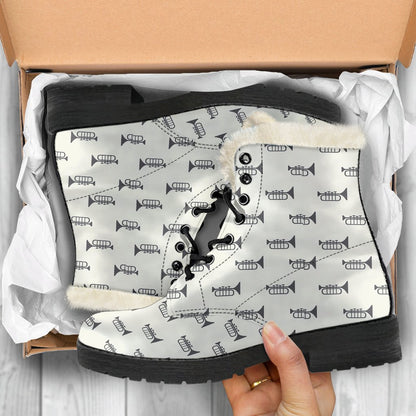 Trumpet Pattern Themed Print Faux Fur Leather Boots-JTAMIGO.COM