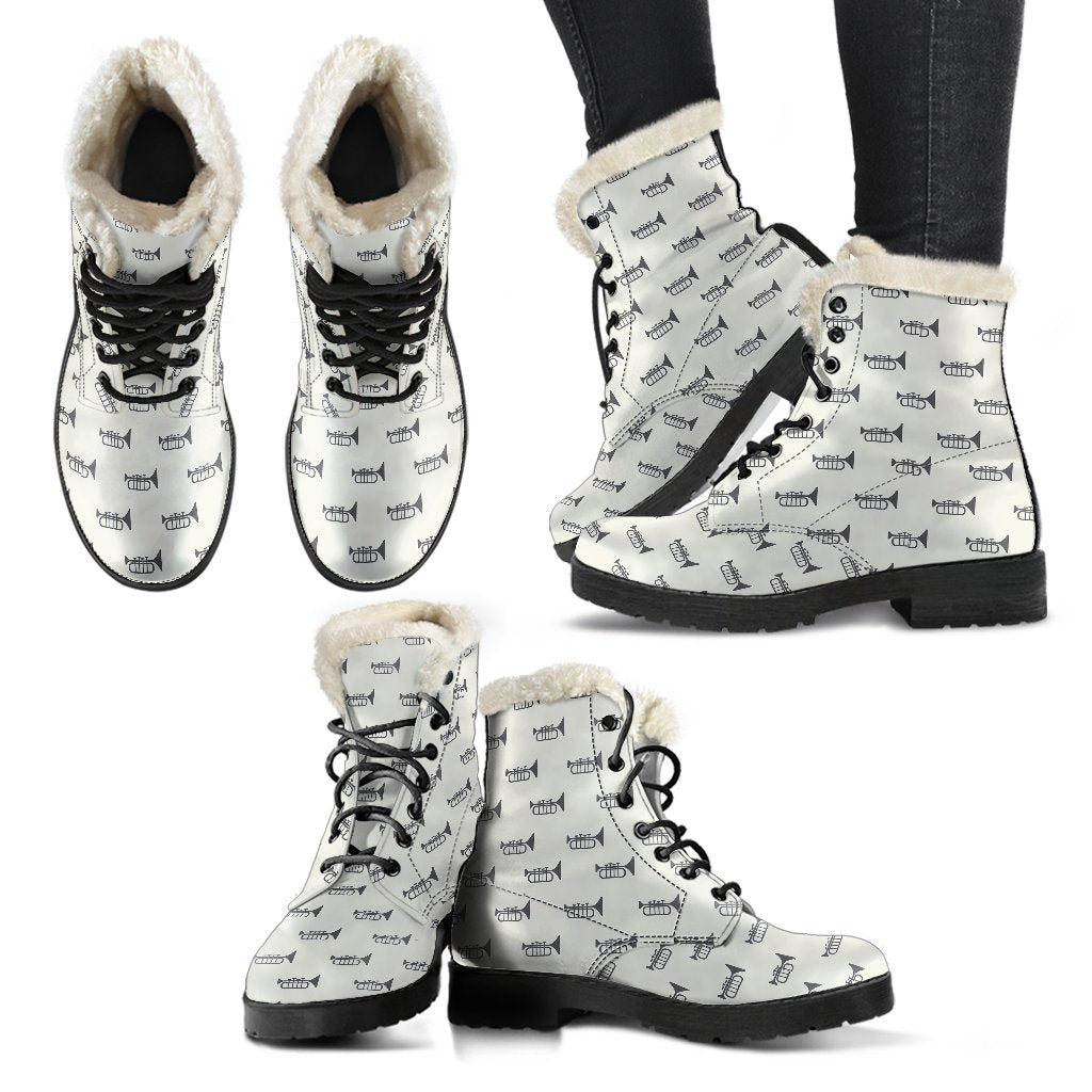 Trumpet Pattern Themed Print Faux Fur Leather Boots-JTAMIGO.COM