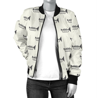 Trumpet Pattern Themed Print Women Casual Bomber Jacket