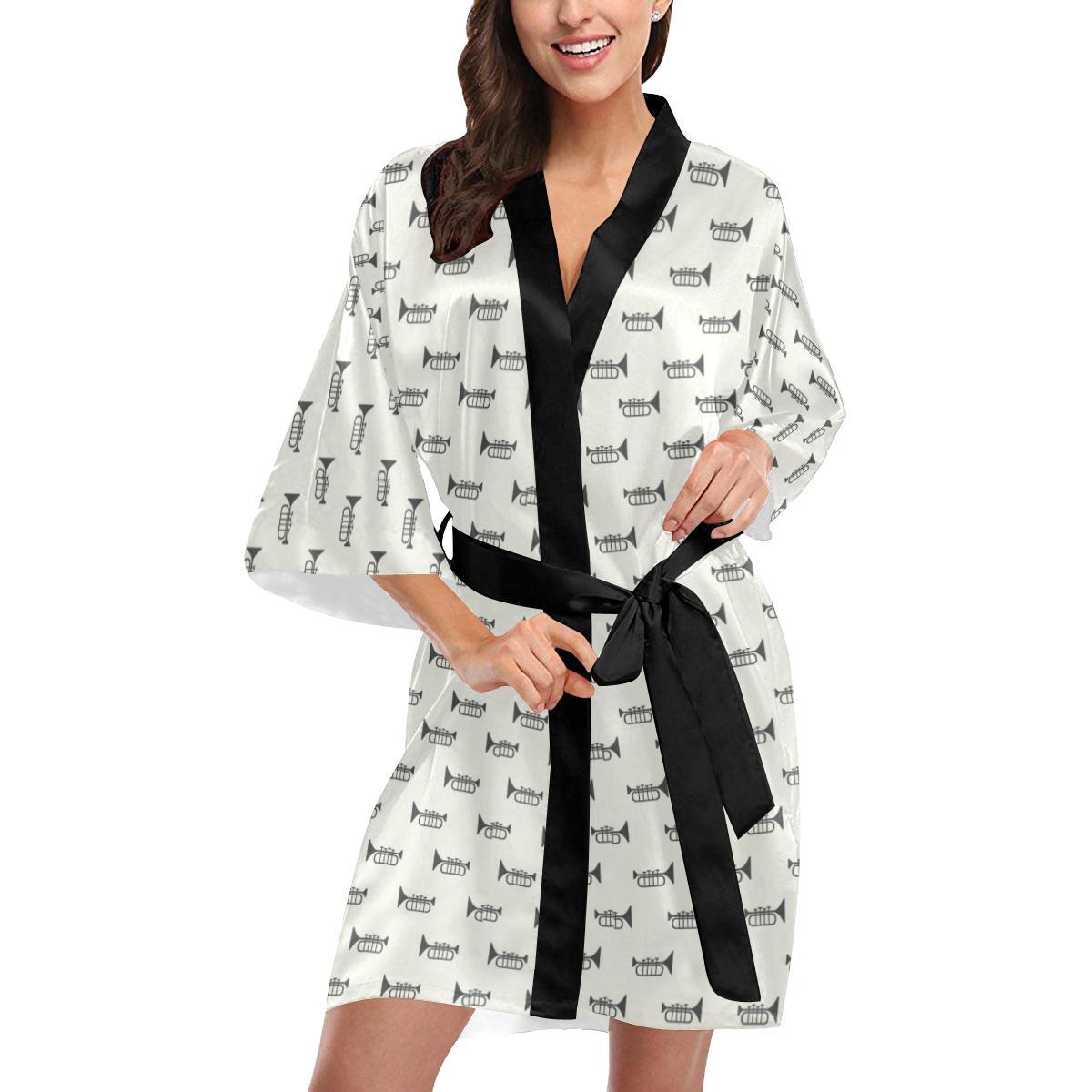 Trumpet Pattern Themed Print Women Short Kimono Robe