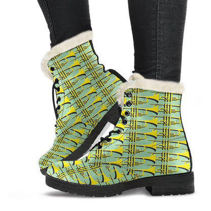 Trumpet Vintage Design Print Faux Fur Leather Boots-JTAMIGO.COM