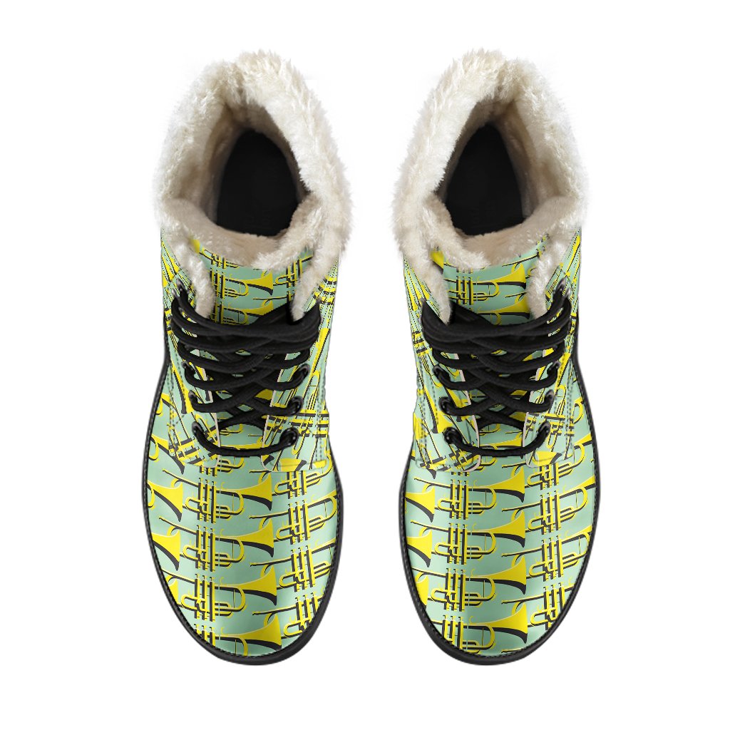 Trumpet Vintage Design Print Faux Fur Leather Boots-JTAMIGO.COM