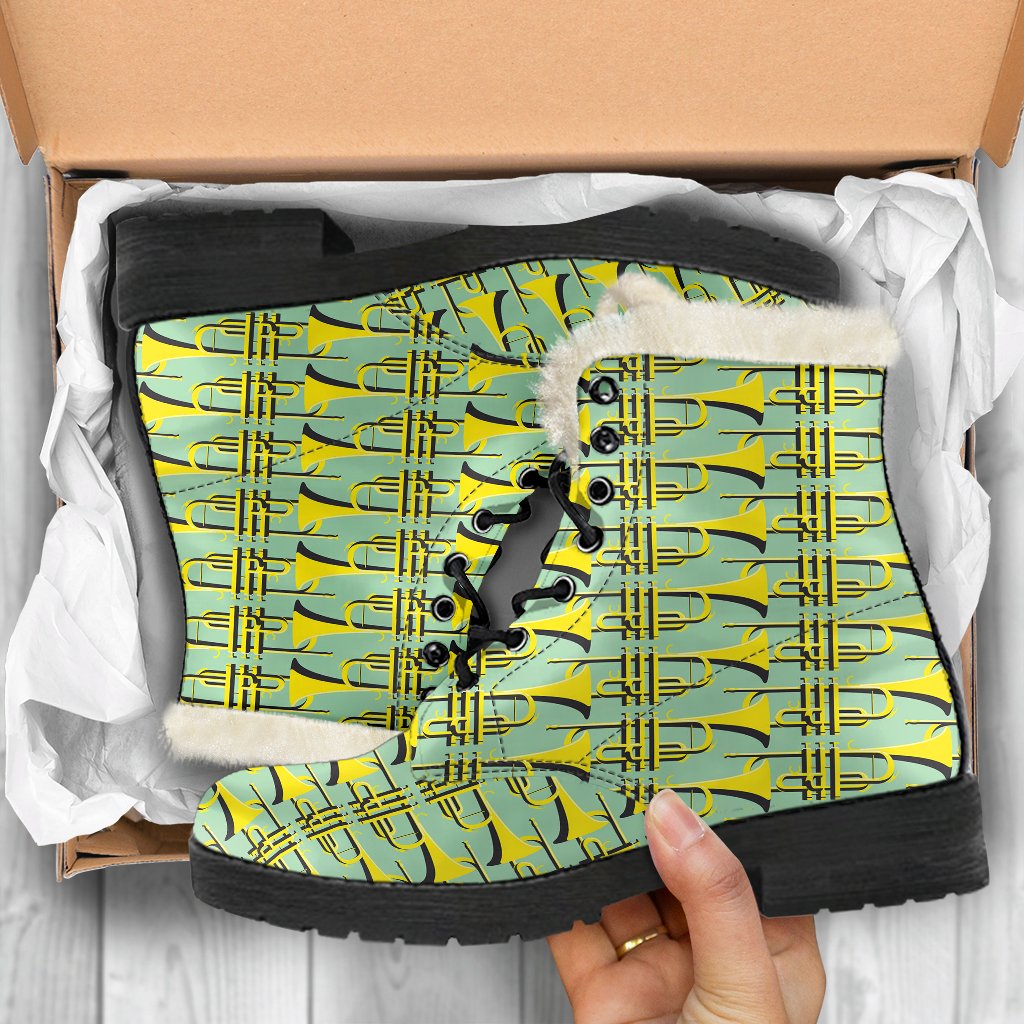 Trumpet Vintage Design Print Faux Fur Leather Boots-JTAMIGO.COM
