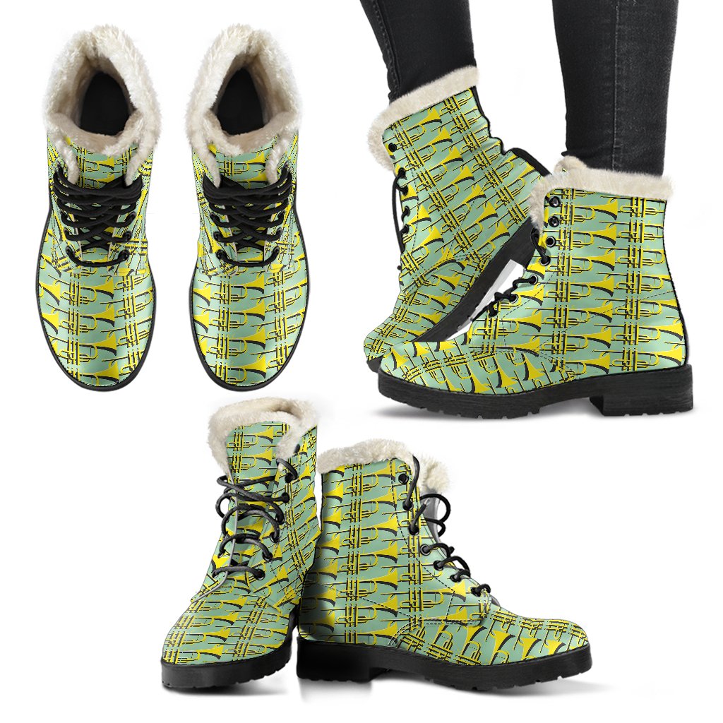 Trumpet Vintage Design Print Faux Fur Leather Boots-JTAMIGO.COM
