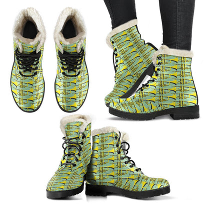 Trumpet Vintage Design Print Faux Fur Leather Boots-JTAMIGO.COM