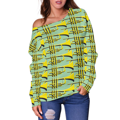 Trumpet Vintage Design Print Off Shoulder Sweatshirt