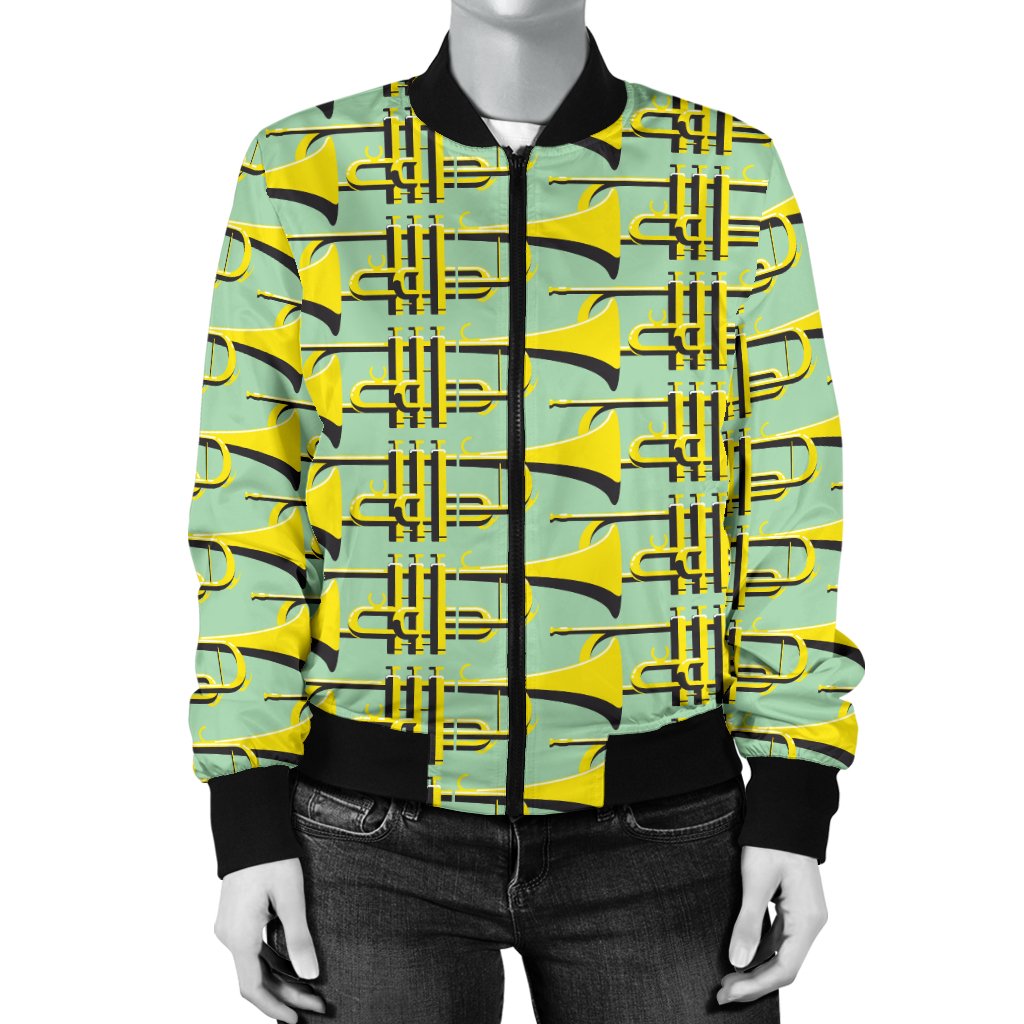 Trumpet Vintage Design Print Women Casual Bomber Jacket