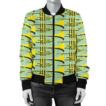 Trumpet Vintage Design Print Women Casual Bomber Jacket