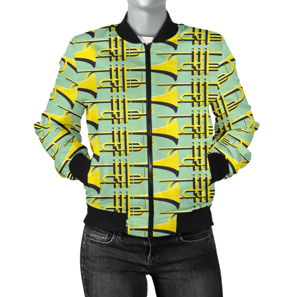 Trumpet Vintage Design Print Women Casual Bomber Jacket