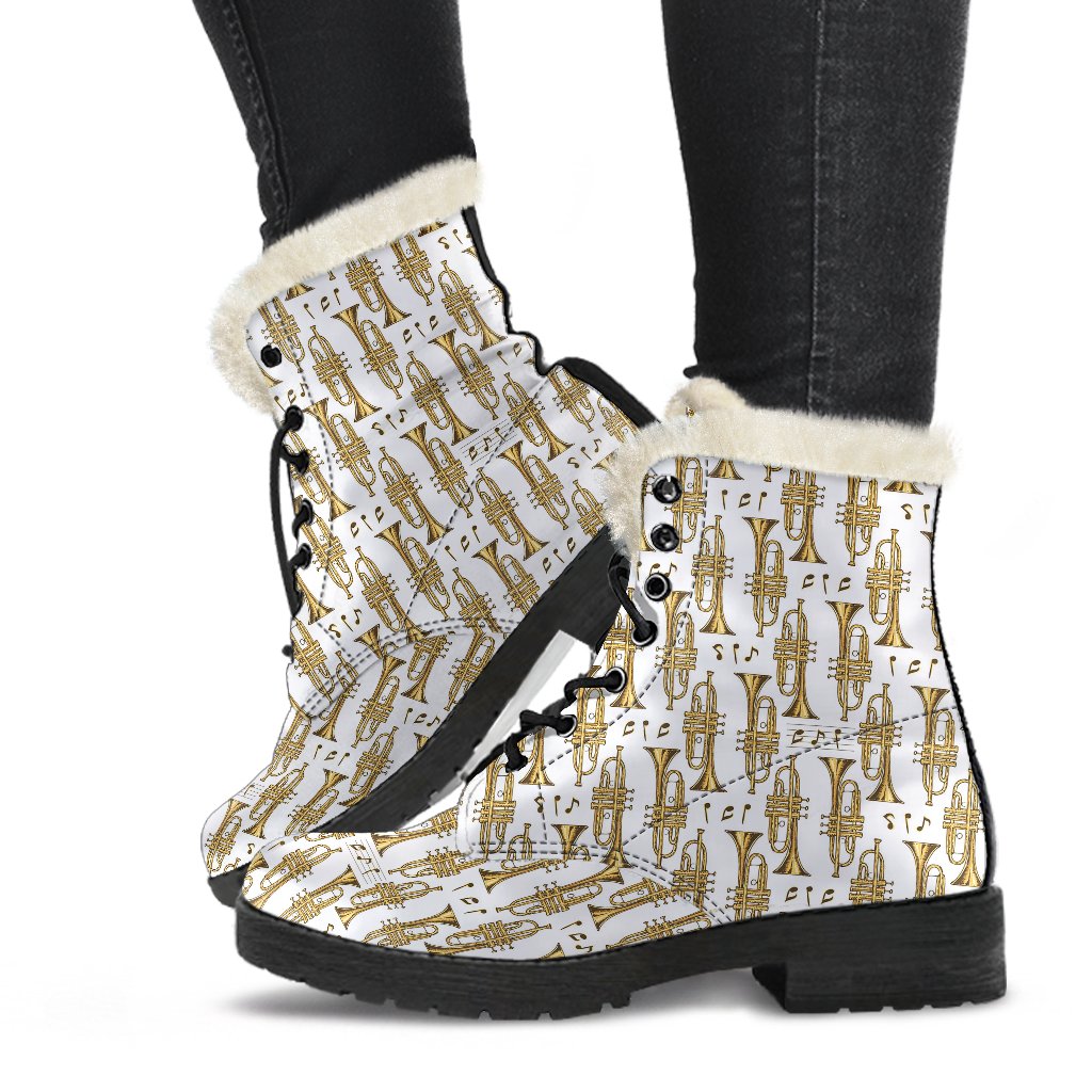 Trumpet with Music Note Print Faux Fur Leather Boots-JTAMIGO.COM