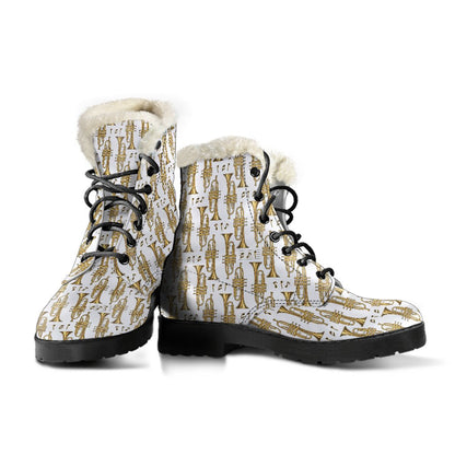 Trumpet with Music Note Print Faux Fur Leather Boots-JTAMIGO.COM