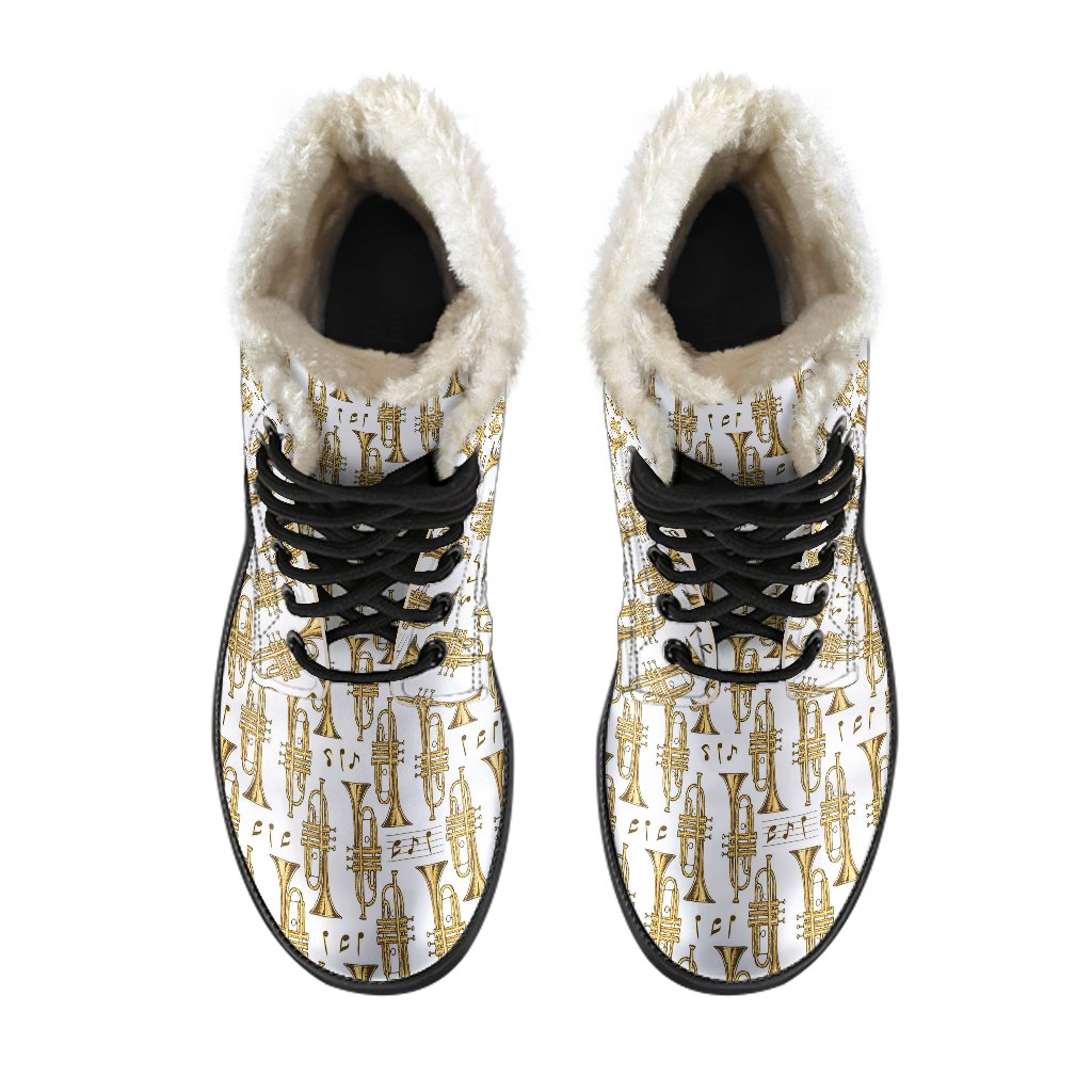 Trumpet with Music Note Print Faux Fur Leather Boots-JTAMIGO.COM