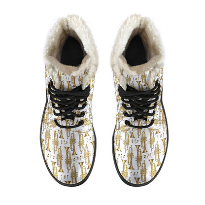 Trumpet with Music Note Print Faux Fur Leather Boots-JTAMIGO.COM