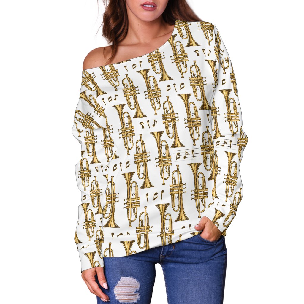 Trumpet With Music Note Print Off Shoulder Sweatshirt