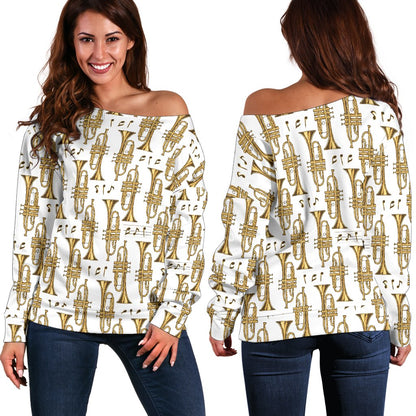 Trumpet With Music Note Print Off Shoulder Sweatshirt