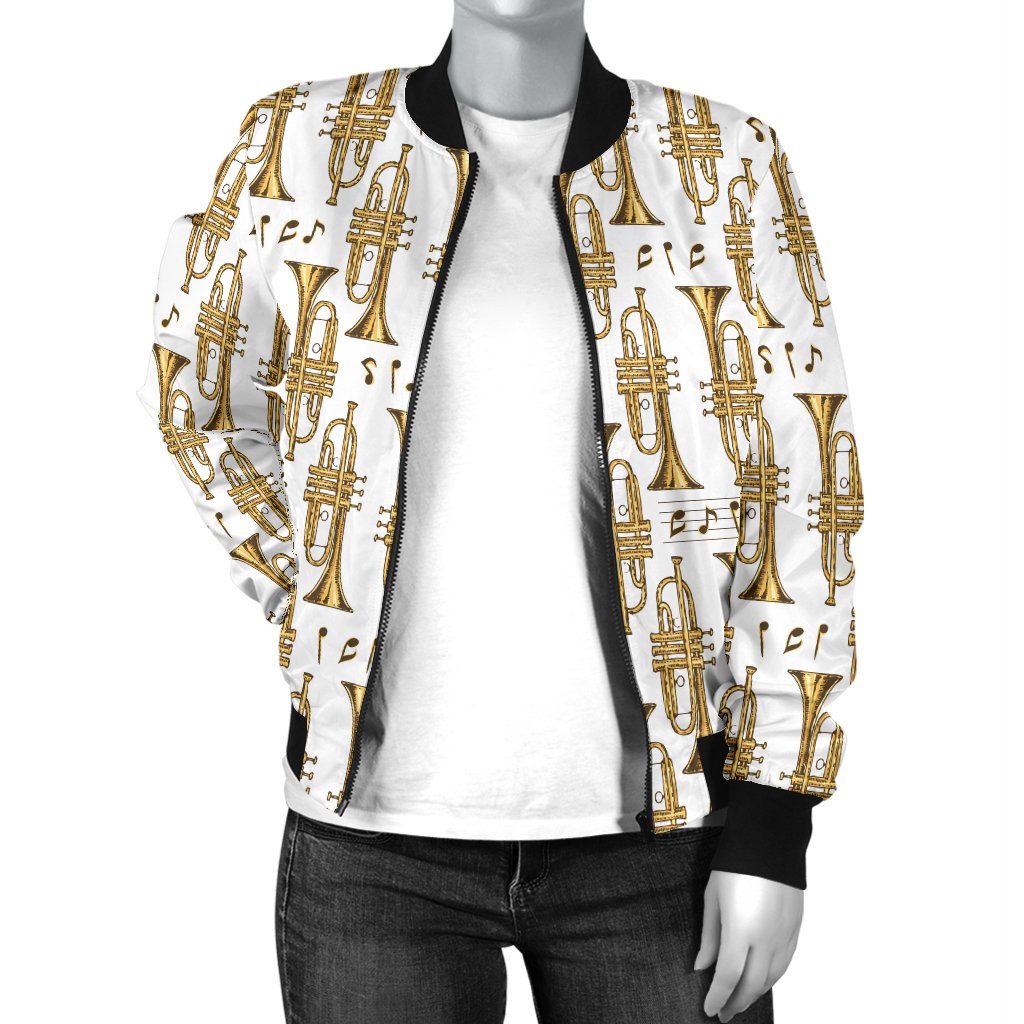 Trumpet With Music Note Print Women Casual Bomber Jacket