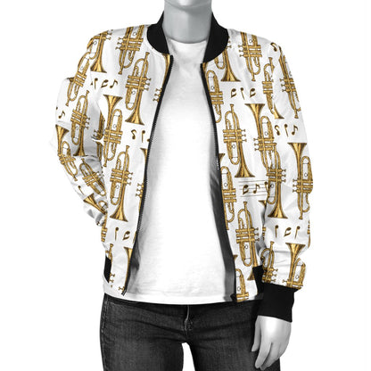 Trumpet With Music Note Print Women Casual Bomber Jacket