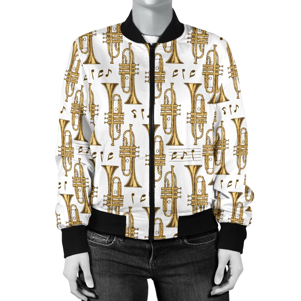 Trumpet With Music Note Print Women Casual Bomber Jacket