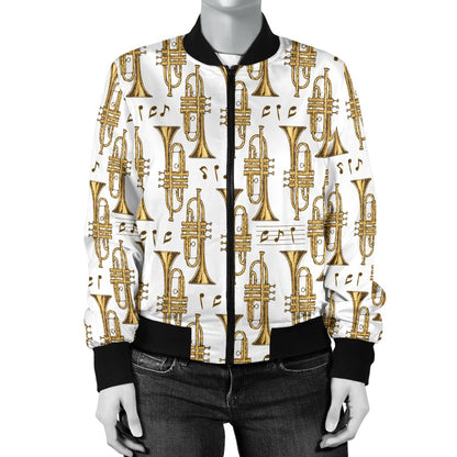 Trumpet With Music Note Print Women Casual Bomber Jacket