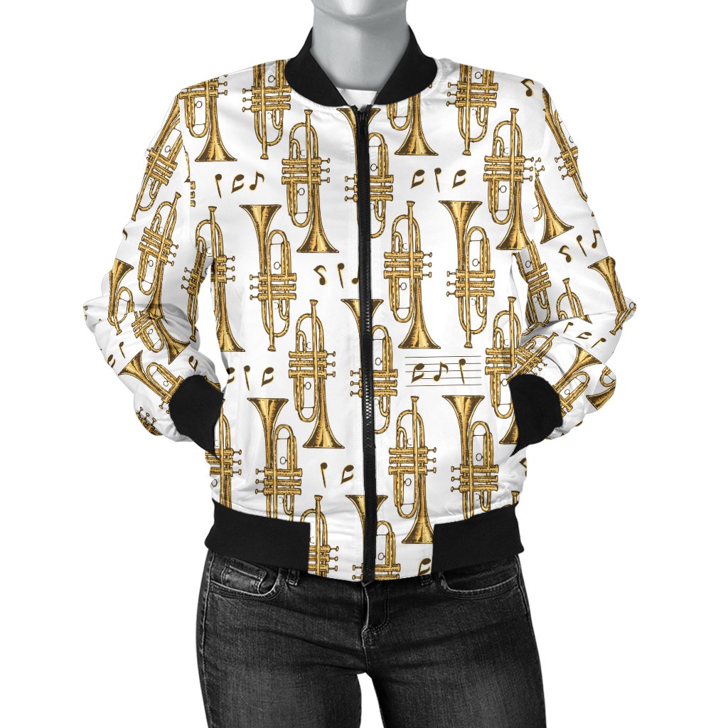 Trumpet With Music Note Print Women Casual Bomber Jacket