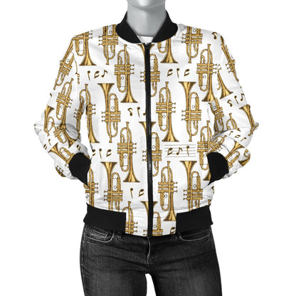Trumpet With Music Note Print Women Casual Bomber Jacket