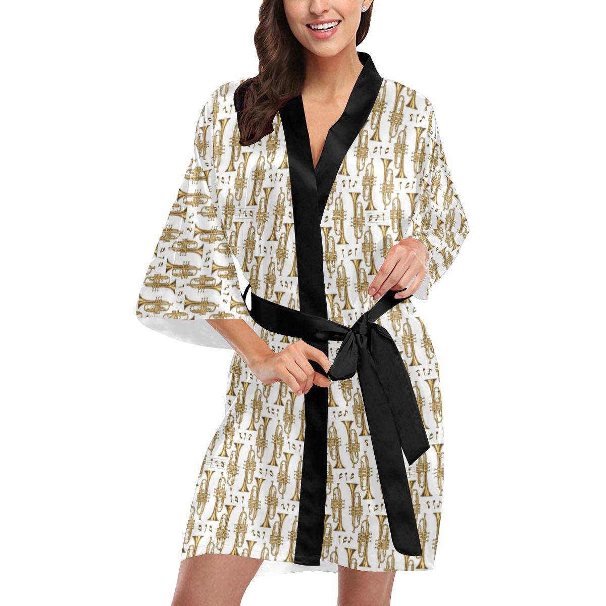 Trumpet with Music Note Print Women Short Kimono Robe