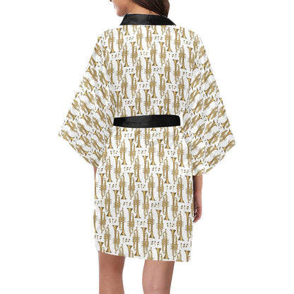 Trumpet with Music Note Print Women Short Kimono Robe