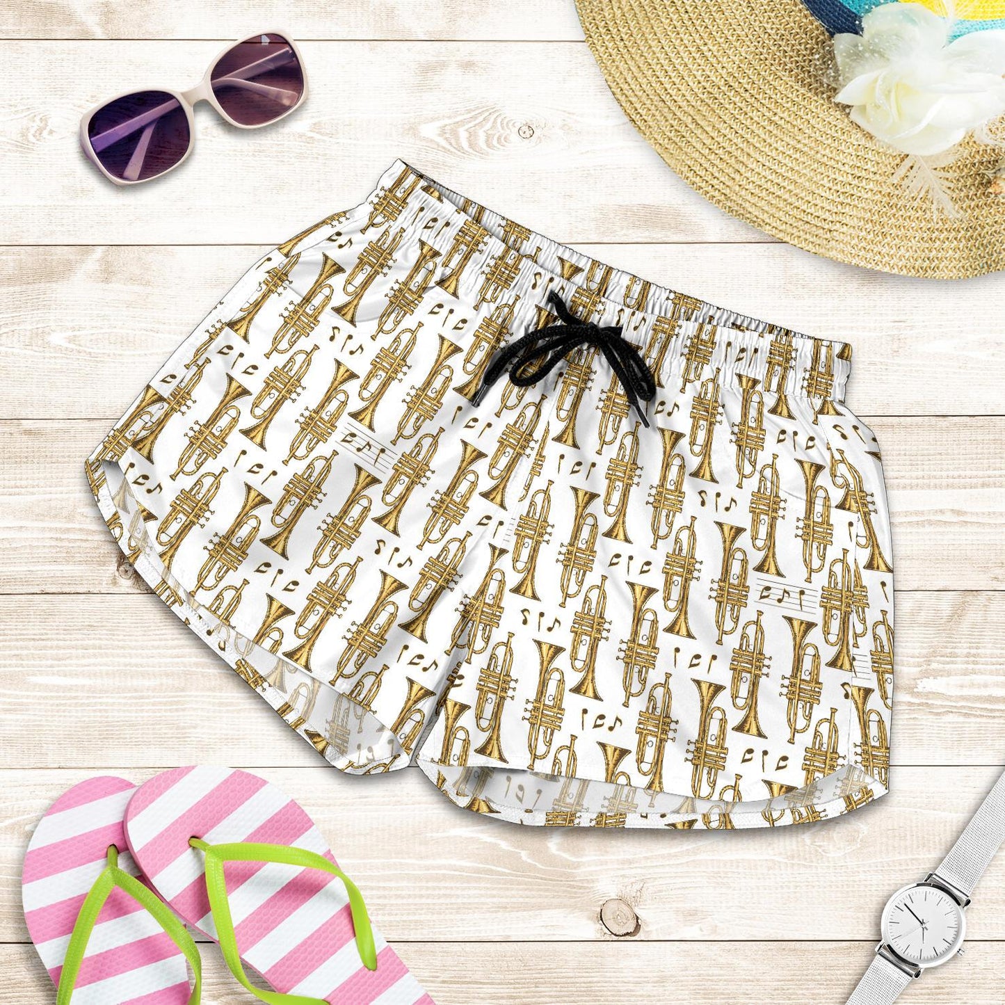 Trumpet with Music Note Print Women Shorts-JTAMIGO.COM