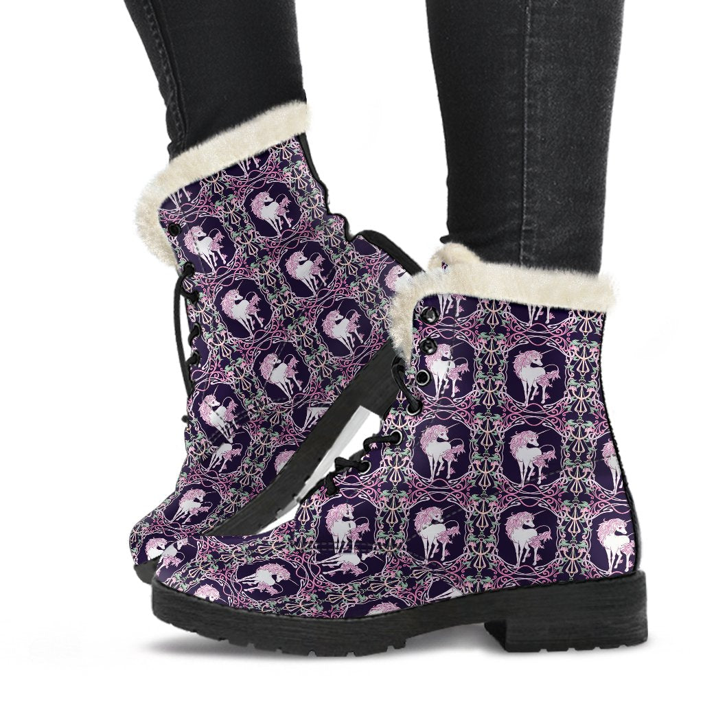 Unicorn Fantastic Flower Faux Fur Leather Boots-JTAMIGO.COM