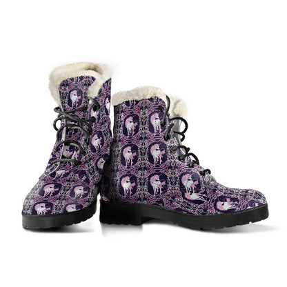 Unicorn Fantastic Flower Faux Fur Leather Boots-JTAMIGO.COM