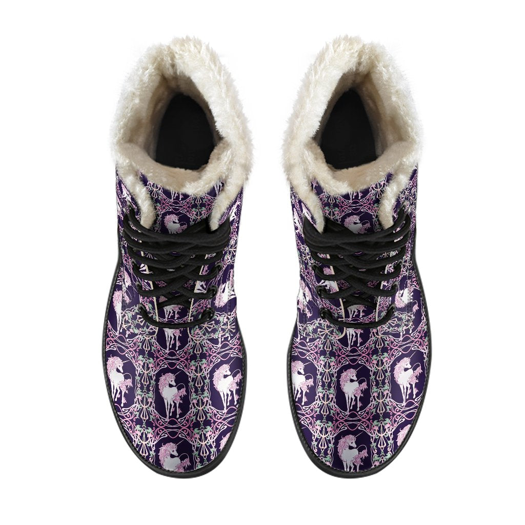 Unicorn Fantastic Flower Faux Fur Leather Boots-JTAMIGO.COM