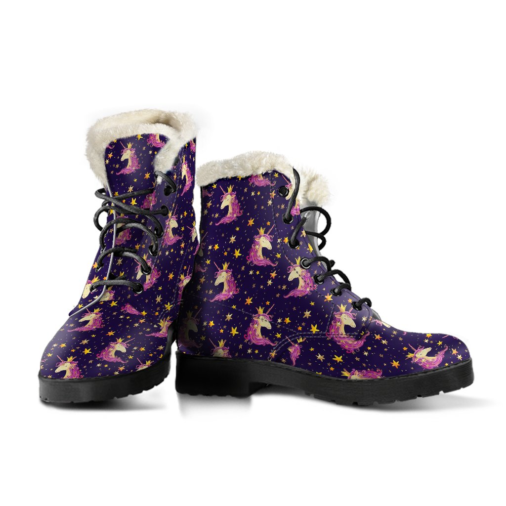 Unicorn Princess Star Sparkle Faux Fur Leather Boots-JTAMIGO.COM