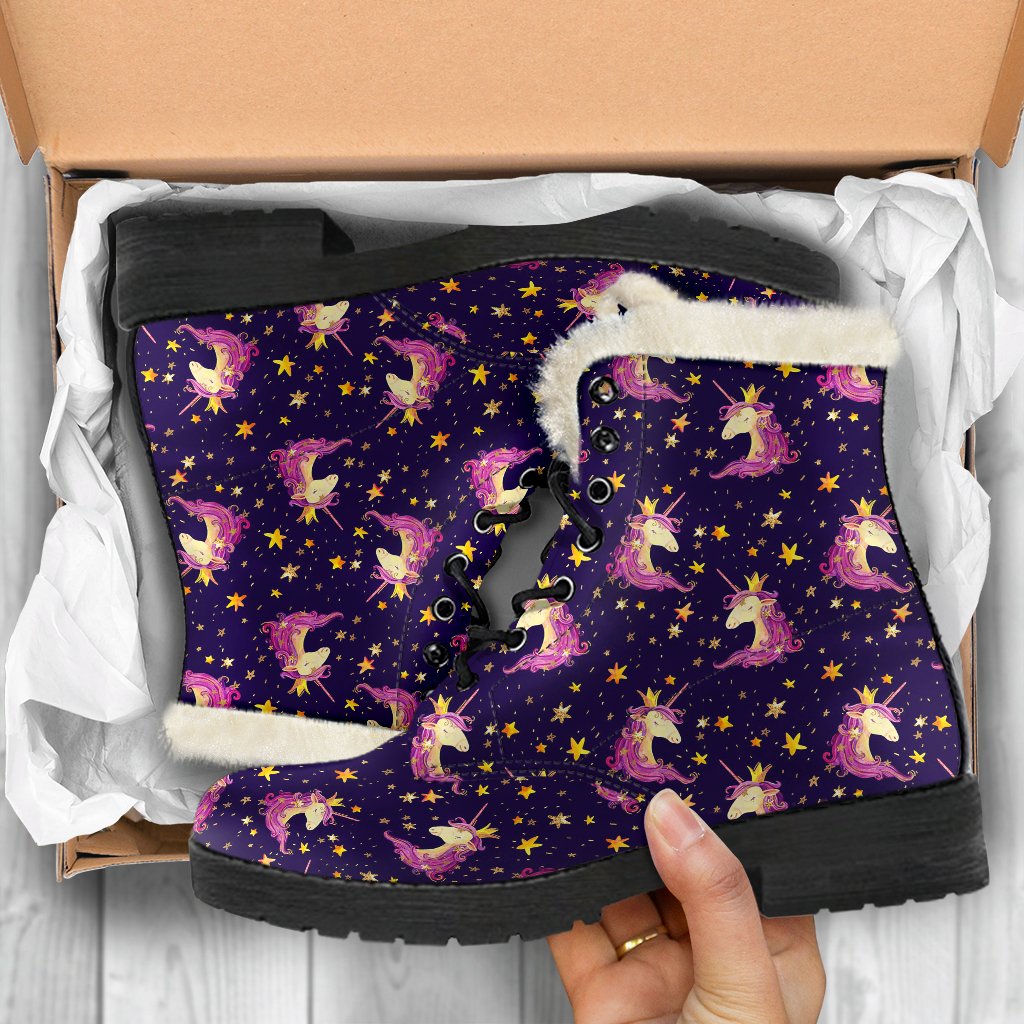 Unicorn Princess Star Sparkle Faux Fur Leather Boots-JTAMIGO.COM