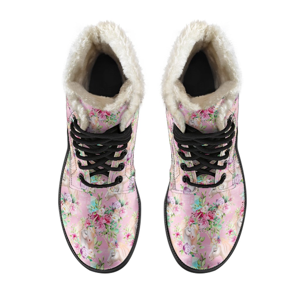 Unicorn Princess with Rose Faux Fur Leather Boots-JTAMIGO.COM
