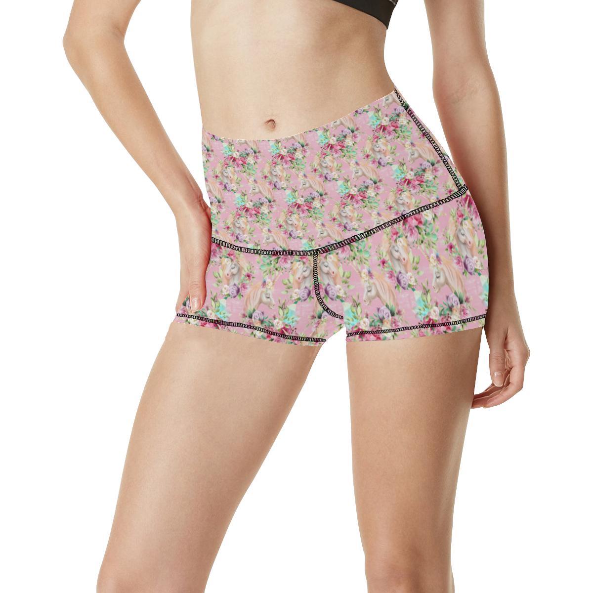 Unicorn Princess with Rose High Waisted Spandex Shorts-JTAMIGO.COM