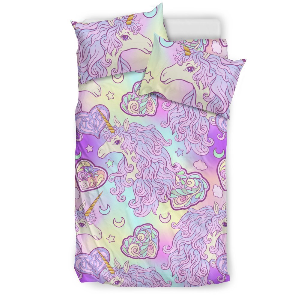 Unicorn Rainbow Star Heart Print Duvet Cover Bedding Set