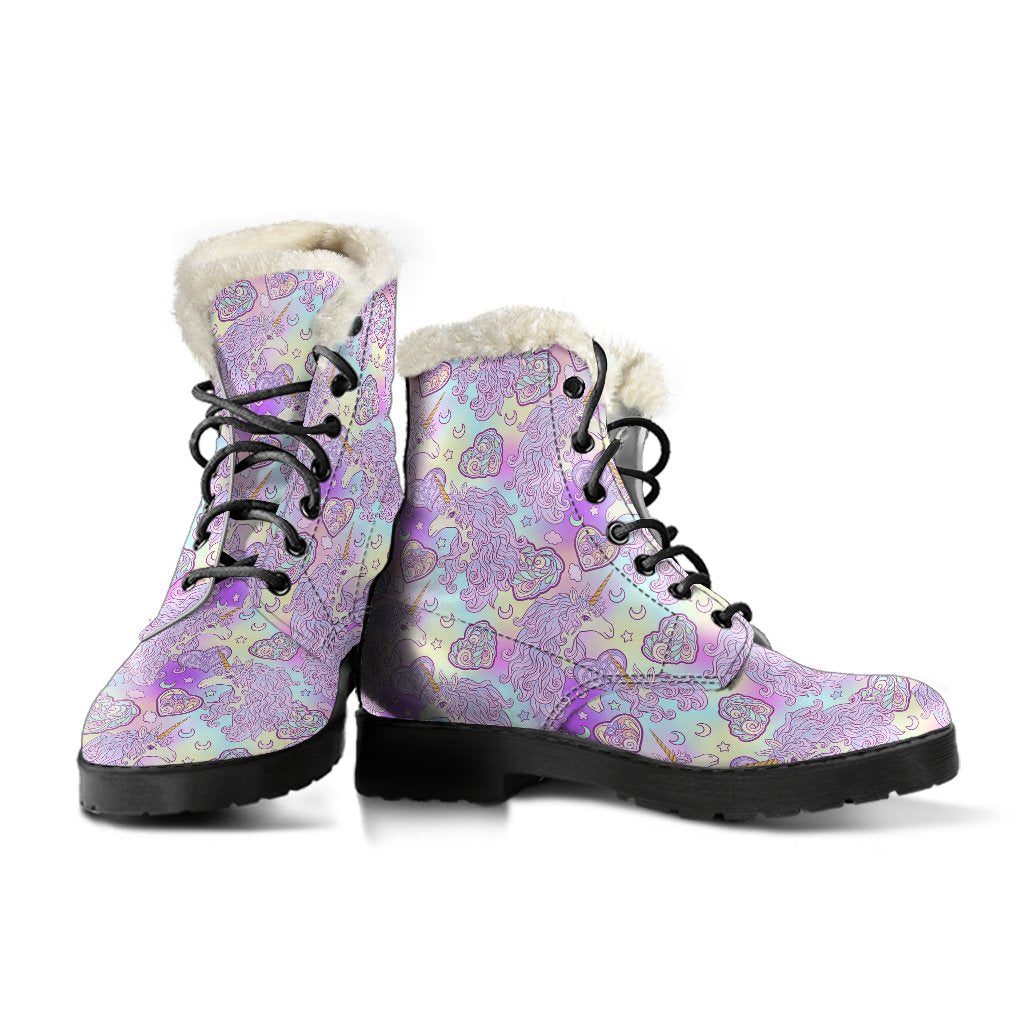 Unicorn Rainbow Star Heart Print Faux Fur Leather Boots-JTAMIGO.COM