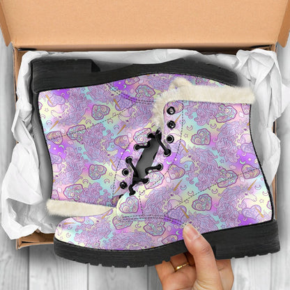 Unicorn Rainbow Star Heart Print Faux Fur Leather Boots-JTAMIGO.COM