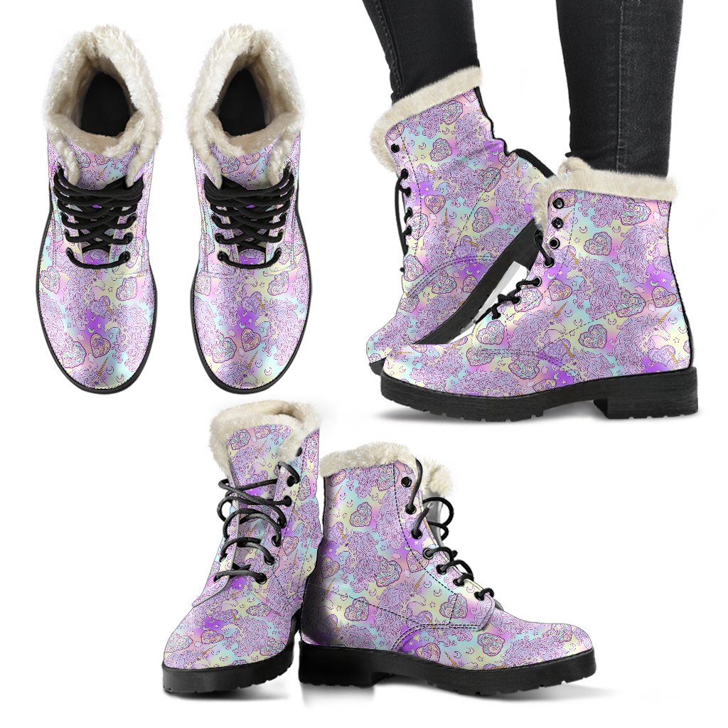 Unicorn Rainbow Star Heart Print Faux Fur Leather Boots-JTAMIGO.COM