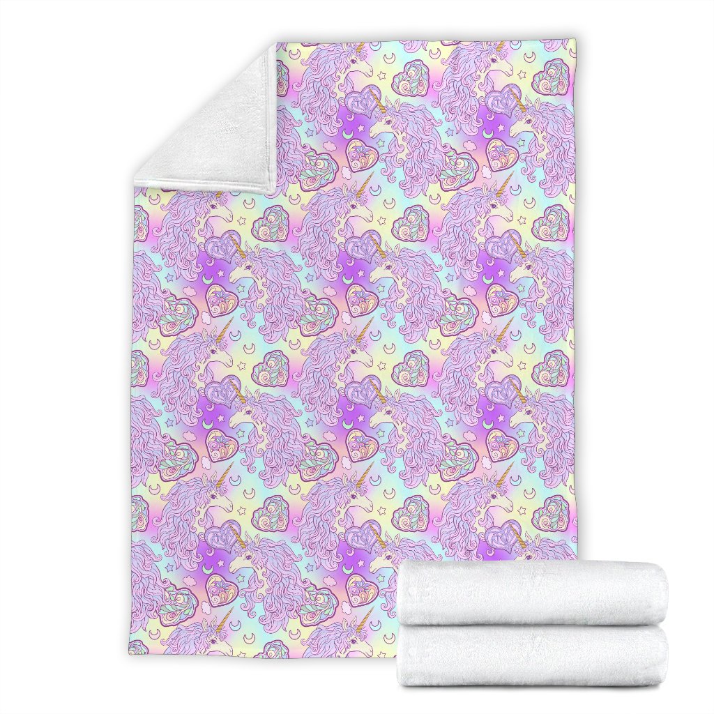 Unicorn Rainbow Star Heart Print Fleece Blanket