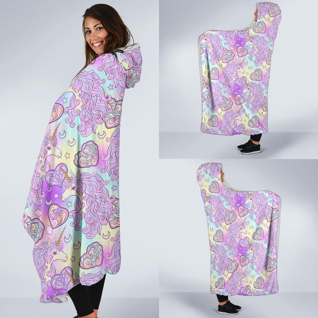 Unicorn Rainbow Star Heart Print Hooded Blanket-JTAMIGO.COM