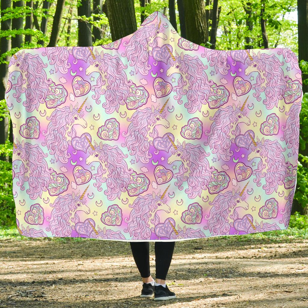 Unicorn Rainbow Star Heart Print Hooded Blanket-JTAMIGO.COM