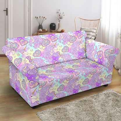 Unicorn Rainbow Star Heart Print Loveseat Slipcover-JTAMIGO.COM