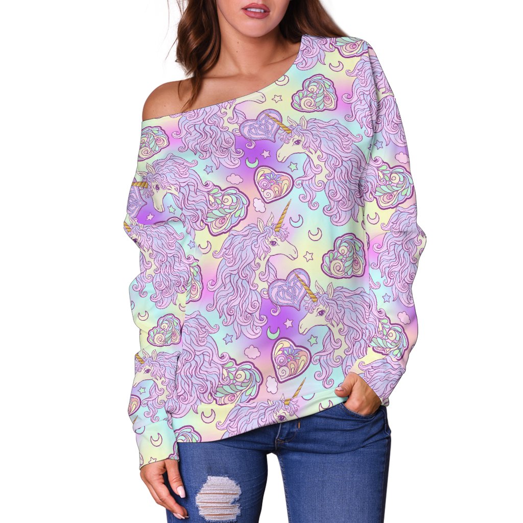 Unicorn Rainbow Star Heart Print Off Shoulder Sweatshirt