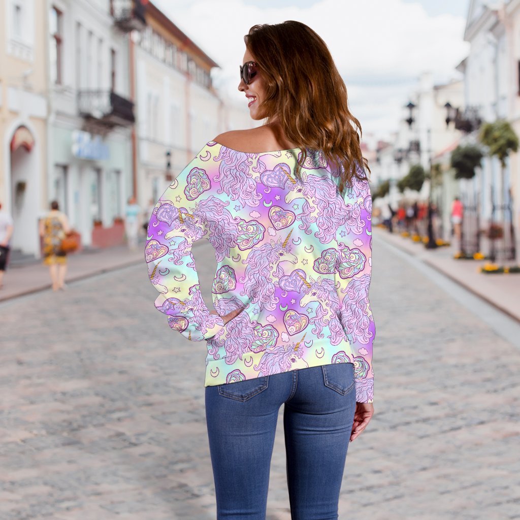 Unicorn Rainbow Star Heart Print Off Shoulder Sweatshirt